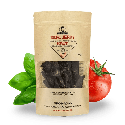 100% JERKY KRŮTÍ S BAZALKOU A RAJČATY 50g - FitMar.cz