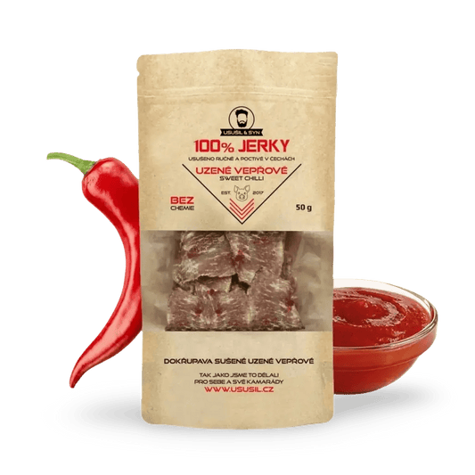 100% JERKY CHIPSY VEPŘOVÉ SWEET CHILLI 50 g - FitMar.cz