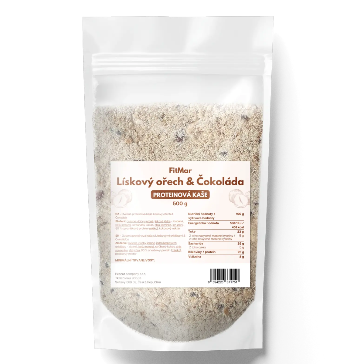 FitMar Proteinová ovesná kaše Lískový ořech a čokoláda 500 g - FitMar.cz