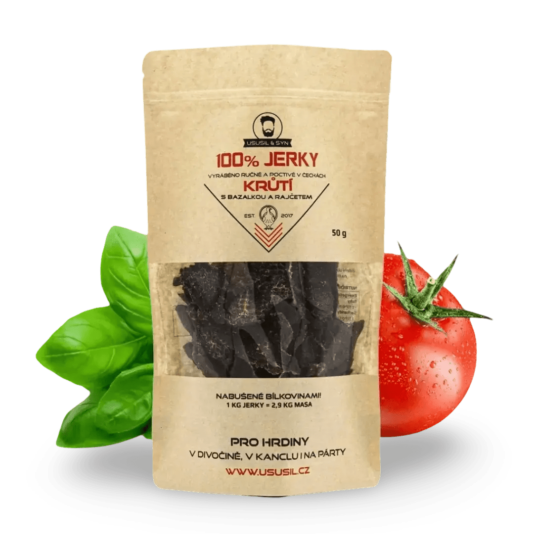 100% JERKY KRŮTÍ S BAZALKOU A RAJČATY 50g - FitMar.cz