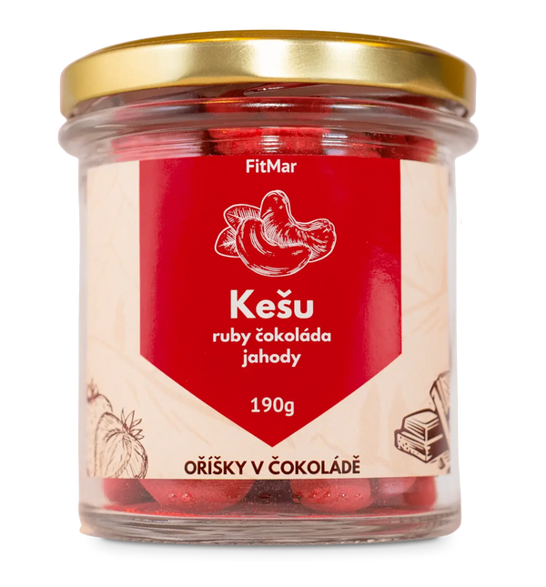 Kešu v ruby čokoládě a jahodovém prášku - FitMar.cz