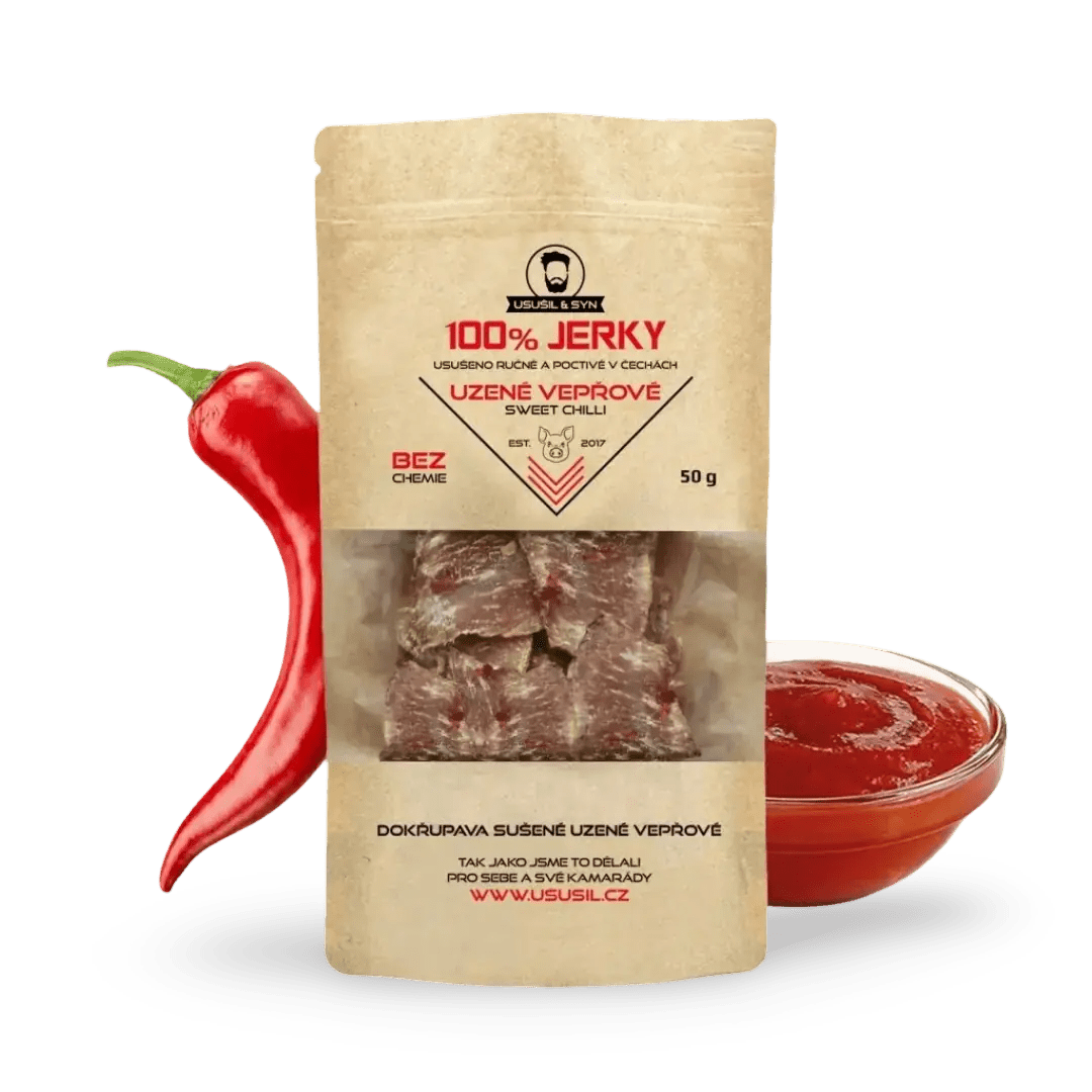 100% JERKY CHIPSY VEPŘOVÉ SWEET CHILLI 50 g - FitMar.cz